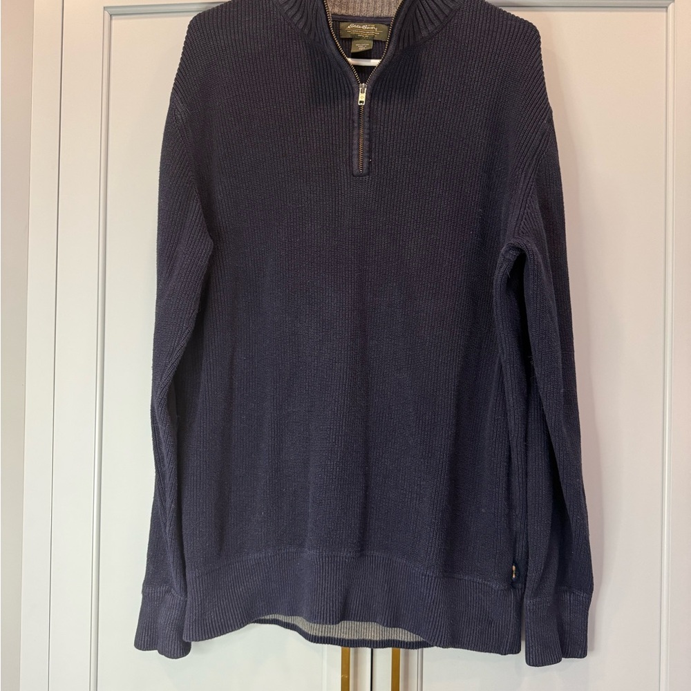 Eddie Bauer Men's navy 1/4 Zip-Up‎ Sweater L tall tight knit oversized cotton